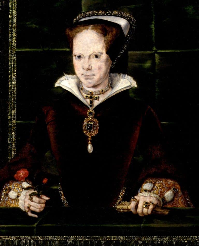 Portrait of Queen Mary I in rich burgundy robes seated on a throne-like chair, holding a red rose. Her reign was marked by political and religious scandals from the Tudor court, including the Marian persecutions and her unpopular marriage to Philip of Spain.