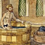 A naked man sits in a wooden barrel tub in a medieval bathhouse, reflecting how bathing was part of personal hygiene in the Middle Ages despite the lack of modern sanitation.