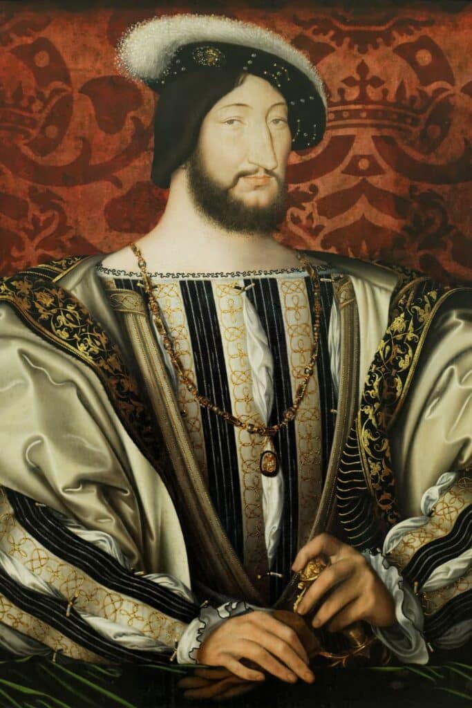 Painting of Francis I of France, wearing an elaborate embroidered doublet and feathered hat. Mary Boleyn was rumored to have had an affair with him during her time at the French court.