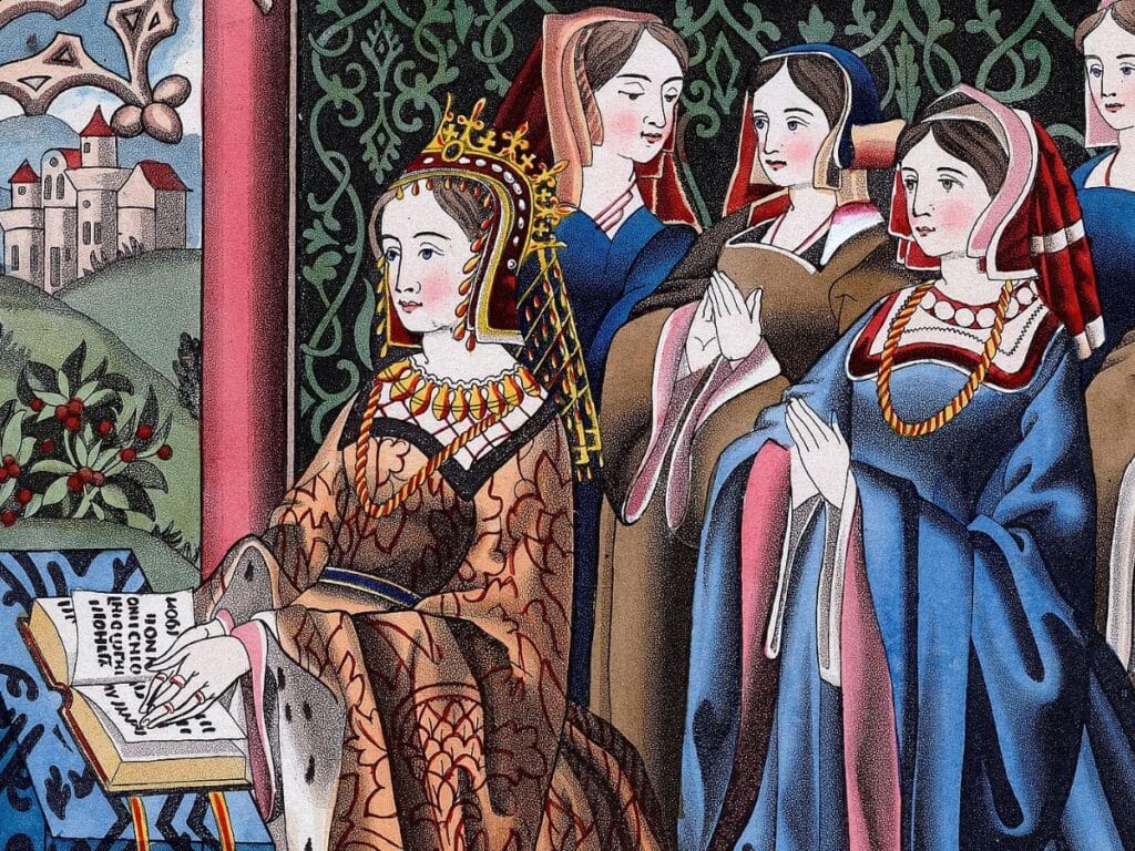 Illustration of Margaret of Anjou seated in regal attire and a gold crown, writing in an open book while surrounded by ladies-in-waiting; the scene emphasizes her role as Queen of England and a patron of literacy and courtly culture.