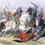 A colorful historical reimagining of the Battle of Bosworth, showing mounted knights clashing in fierce combat; Richard III, wearing a crown and armor, charges into battle on a white horse amid chaos and fallen soldiers.