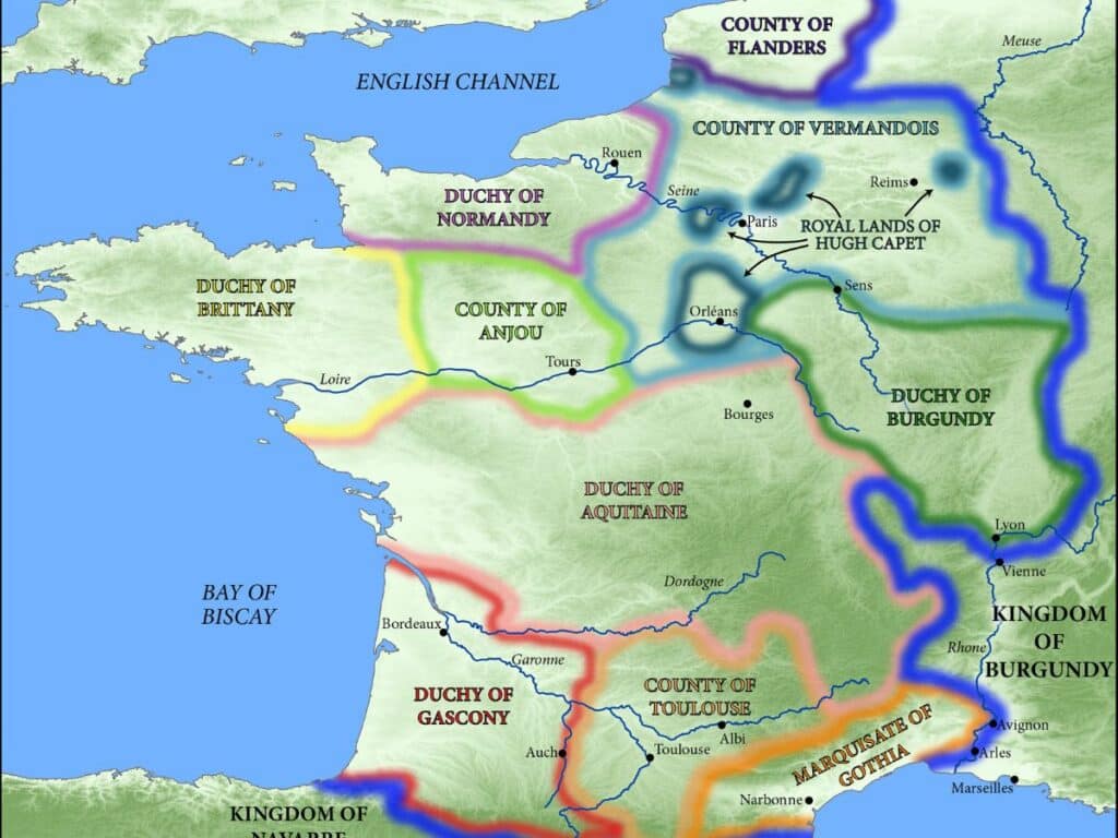 A detailed map of medieval France highlighting key territories such as the Duchy of Normandy, Anjou, and the Royal Lands of Hugh Capet. The map visually traces the early territorial landscape during the rise of the Capetians, showing their foundational domain and rival duchies.