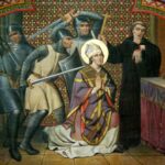 ramatic painting of the assassination of Thomas Becket inside Canterbury Cathedral, showing knights in chainmail raising swords as Becket kneels in prayer before the altar, with a monk recoiling in horror.