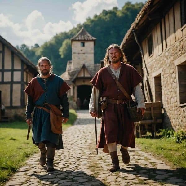 Two men in plain, earth-toned tunics and practical leather belts walk down a cobblestone path in a medieval village, surrounded by timber-framed houses.
