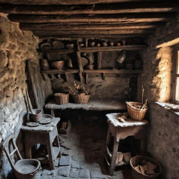 The inside of a humble stone cottage with wooden furniture, a dirt floor, shelves of clay pots and baskets, and sunlight filtering through a small window.