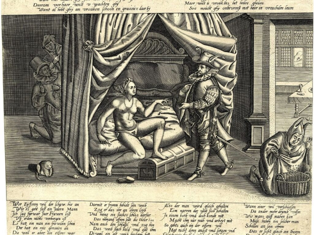 Satirical historical engraving showing a woman on a bed partially undressed with a chastity belt removed, surrounded by men in theatrical poses, emphasizing themes of control, surveillance, and moral critique related to the chastity belt tradition.