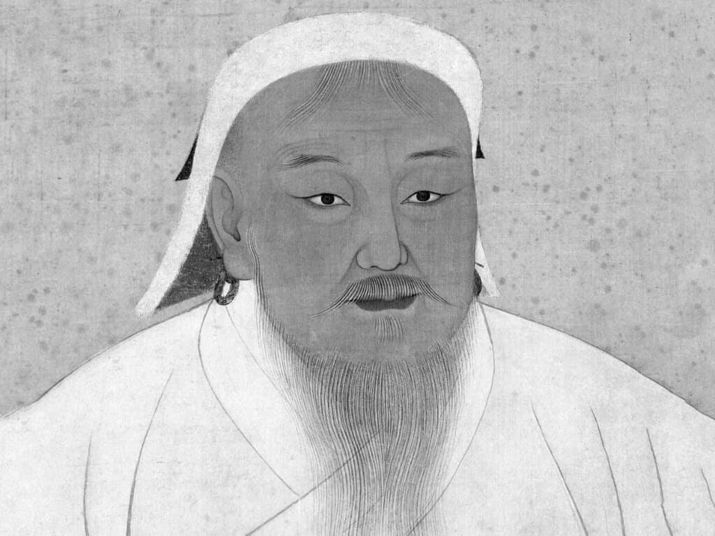 A traditional ink portrait of Genghis Khan, showing him with a calm expression, long beard, and white robe with a soft fur-lined headpiece, set against a minimal background. This classic depiction highlights the founder of the Mongol Empire in a serene, regal light.