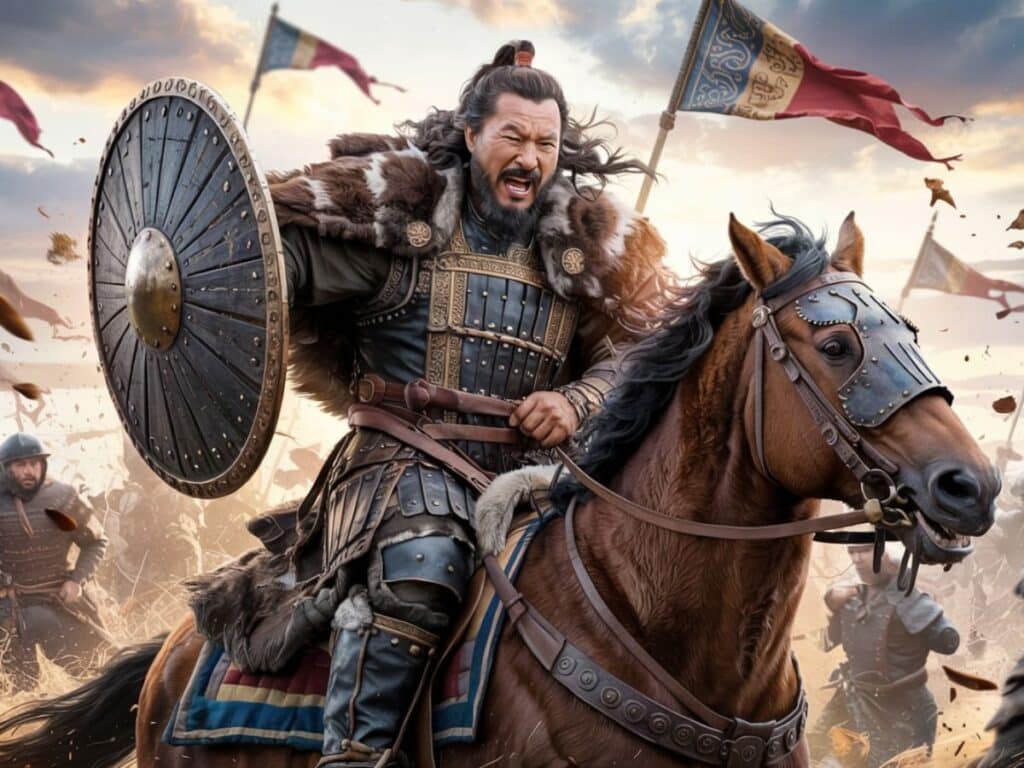 A dramatic modern illustration of Genghis Khan charging into battle on horseback, clad in fur-lined Mongol armor and holding a round shield. The battlefield scene captures the fierce energy and legendary power of Genghis Khan during his conquests.