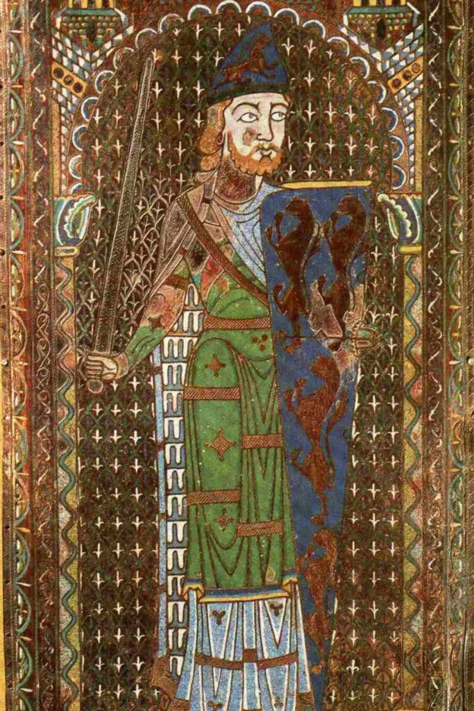 A detailed medieval illustration of Geoffrey Plantagenet, depicted with a sword and lion-emblazoned shield, showcasing the heraldic legacy of medieval monarchs in 12th-century Europe.