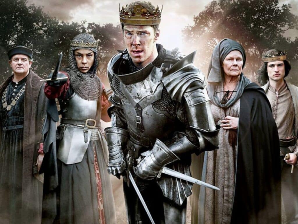 Dramatic promotional image featuring actors in period costume representing key figures in the Wars of the Roses. Central figure wears a crown and armor, evoking the power struggles and royal drama of the era.