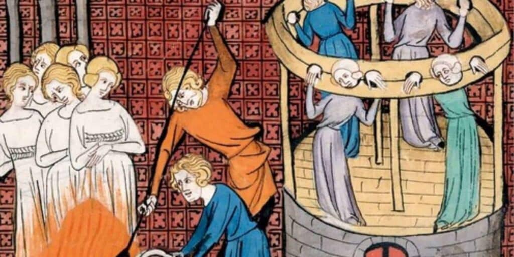 Medieval manuscript-style illustration showing women being burned at the stake and tortured, a brutal reflection of how witchcraft was punished in the Middle Ages. The image captures the fear-driven violence of the era's inquisitions.