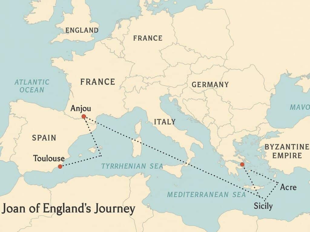 Historical map tracing Joanna Plantagenet’s journey from Anjou and Toulouse to Sicily and Acre, across the Mediterranean Sea, highlighting key locations tied to her life and travels during the Crusades.