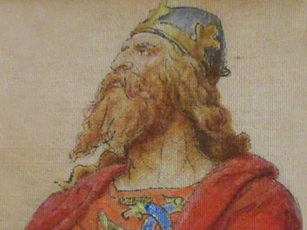 A painting of King Sweyn Forkbeard with a flowing red beard, golden crown, and red robe, representing the fierce Norse rulers among medieval monarchs.