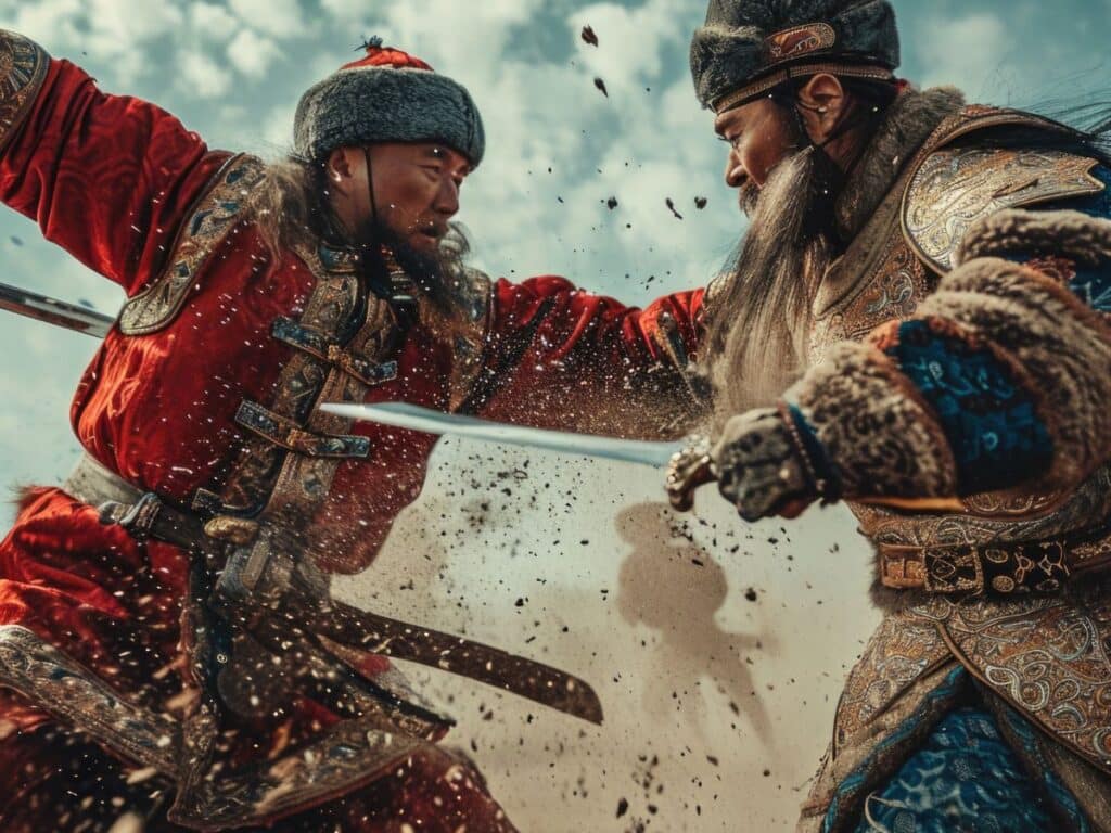 Two fierce Mongolian warriors clash in an intense sword battle, wearing fur-trimmed armor and traditional robes as dirt flies in the air. The scene evokes the brutal combat and warrior spirit of Genghis Khan’s era, when Mongol armies reshaped the medieval world.