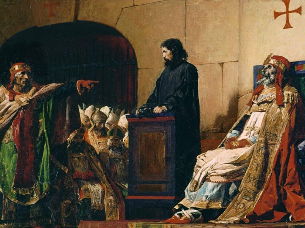 A medieval courtroom painting where a man stands accused before a stern pope and bishops, capturing the seriousness of breaking religious laws like working on Sundays during the Middle Ages.