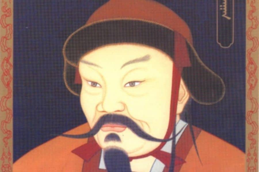 A stylized portrait of Ogedei Khan in traditional Mongol attire, with a conical hat and distinctive mustache, highlighting his role as one of the lesser-known yet powerful medieval monarchs of the Mongol Empire.