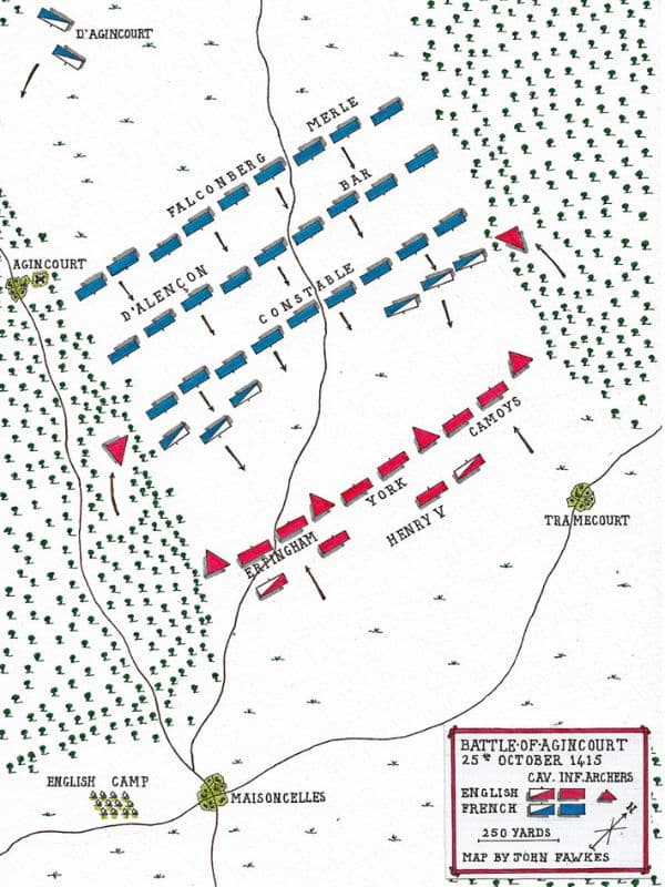 Map of the Battle of Agincourt (1415), a major conflict in the Hundred Years War, illustrating the English and French troop formations near Agincourt and Tramecourt, with King Henry V leading English forces against French commanders like d’Alençon and Constable.