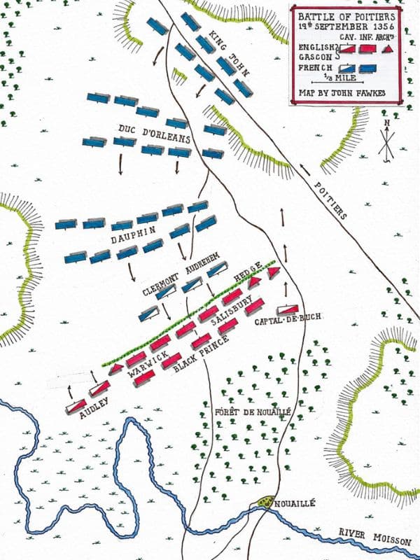Strategic map of the Battle of Poitiers (1356), a decisive English victory in the Hundred Years War, with the English line led by the Black Prince arrayed against French troops commanded by King John II and the Dauphin near the forest of Nouaillé.