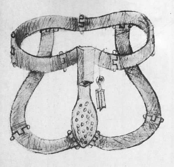 A 1405 sketch from Bellifortis depicting an early conceptual design of a chastity belt, with metal straps and a lock, representing one of the earliest visual records of chastity belt lore.