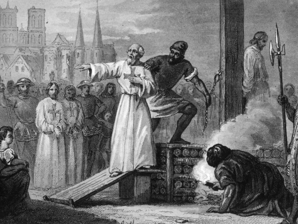 Historical drawing depicting the burning at the stake of Jacques de Molay, last Grand Master of the Knights Templars, a pivotal moment in the downfall and enduring legacy of the Knights Templars.