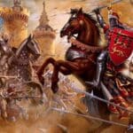A vivid illustration of a medieval battle scene from the Hundred Years War, showing heavily armored knights clashing in front of a castle, with one knight on horseback holding a red shield adorned with golden lions and castle emblems, rallying troops under a Saint George’s Cross banner.