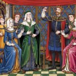Colorful modern illustration of Joanna Plantagenet with her family, including Eleanor of Aquitaine and King Henry II, set in a medieval hall, celebrating her often-overlooked legacy as a resilient royal daughter, sister, and crusader queen.