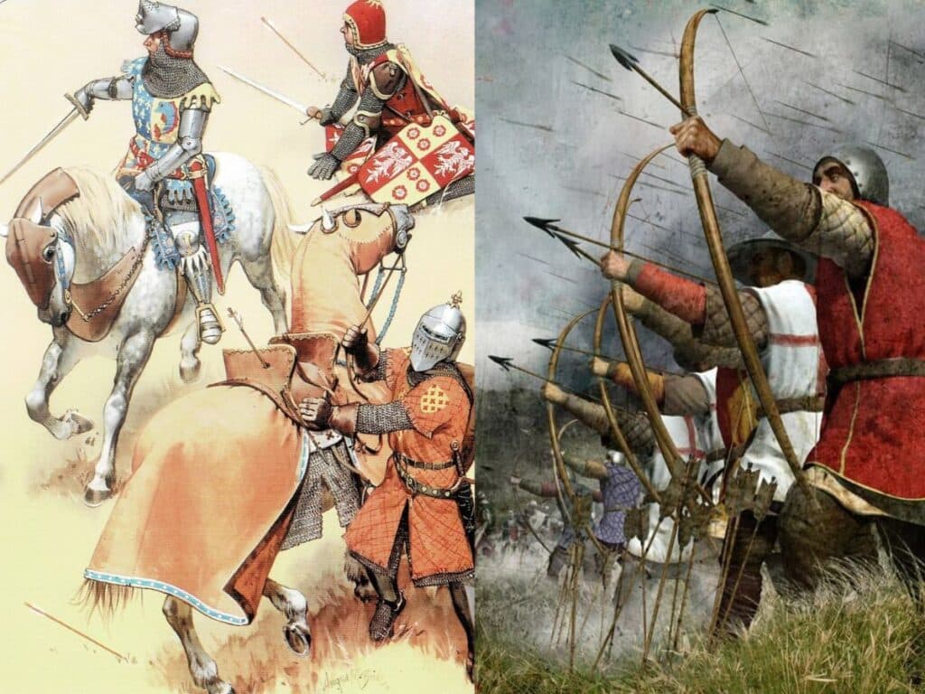 Split image depicting scenes from the Hundred Years War: on the left, mounted knights in ornate armor with crested helms; on the right, a line of English longbowmen in red and white tunics firing arrows in a coordinated volley during battle.