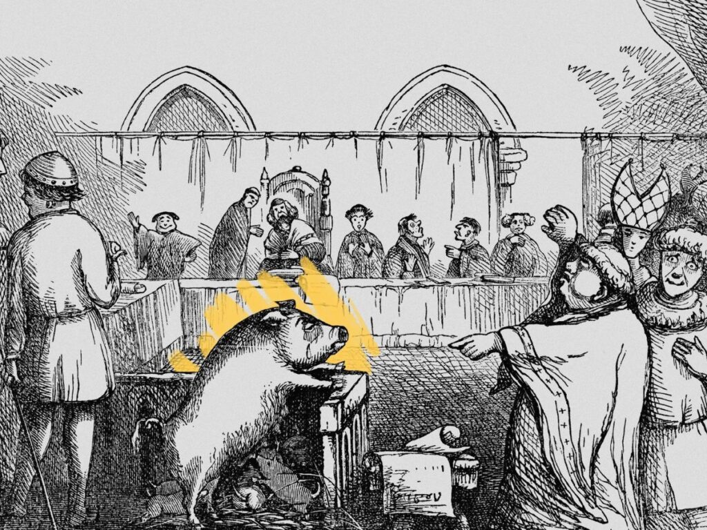 A whimsical medieval courtroom illustration featuring a pig standing trial before judges and a cheering crowd, showcasing the bizarre reality of animal trials under laws you'd never want to break in the Middle Ages.