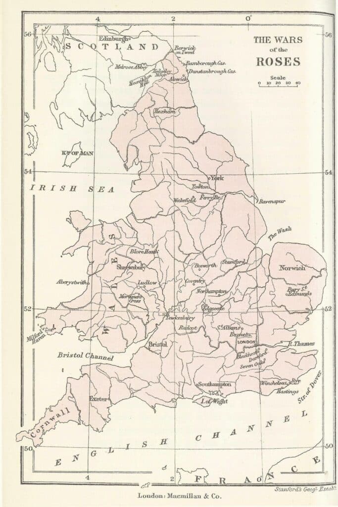 Historical map of England highlighting key locations and battles from the Wars of the Roses, including towns like York, Towton, and St. Albans. The map shows territorial relevance during the 15th-century civil conflict between the houses of Lancaster and York.