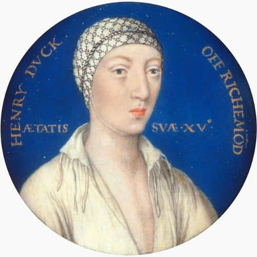 udor-era miniature portrait of Henry FitzRoy, Duke of Richmond and Somerset, depicted in a pale doublet and mesh cap with Latin inscription surrounding the image.