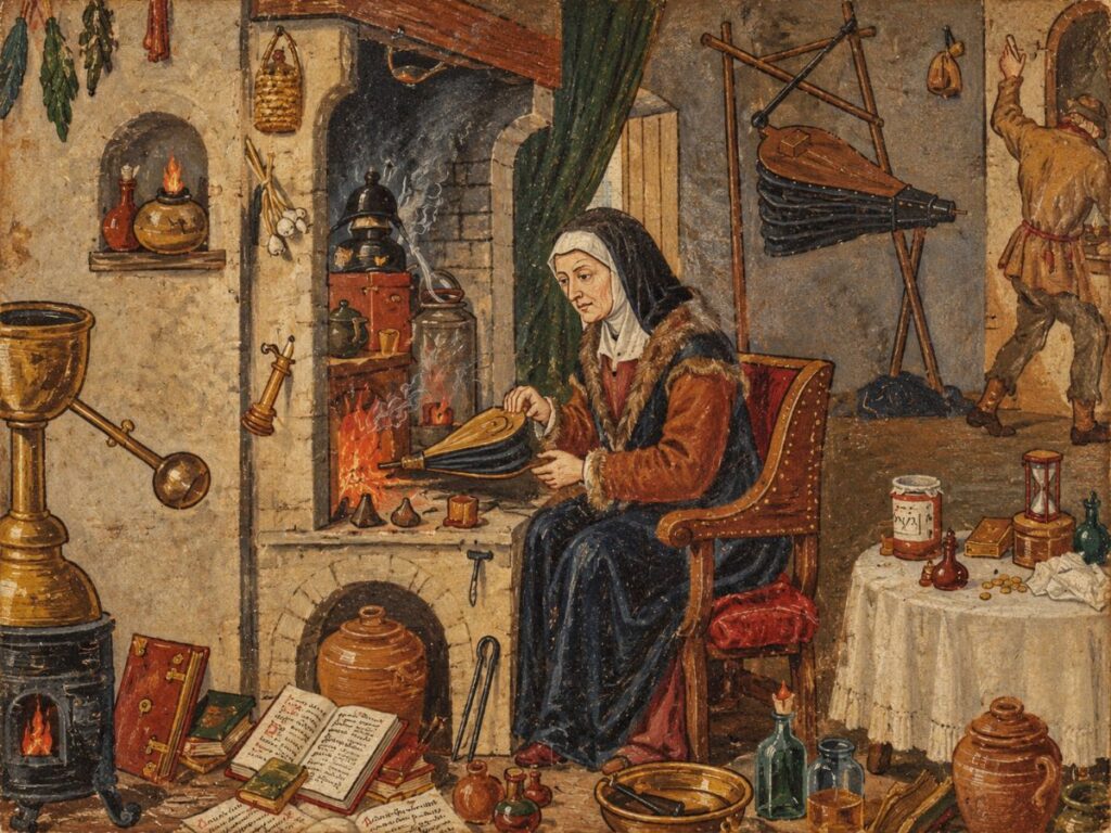 Colorful historical style painting of an elderly woman in a dark hooded robe operating bellows beside a fireplace in a room filled with books. Bottles and jars. An hourglass and other objects associated with alchemy and magic evoke traditional depictions of witchcraft in the Middle Ages.