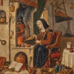 Colorful historical style painting of an elderly woman in a dark hooded robe operating bellows beside a fireplace in a room filled with books. Bottles and jars. An hourglass and other objects associated with alchemy and magic evoke traditional depictions of witchcraft in the Middle Ages.