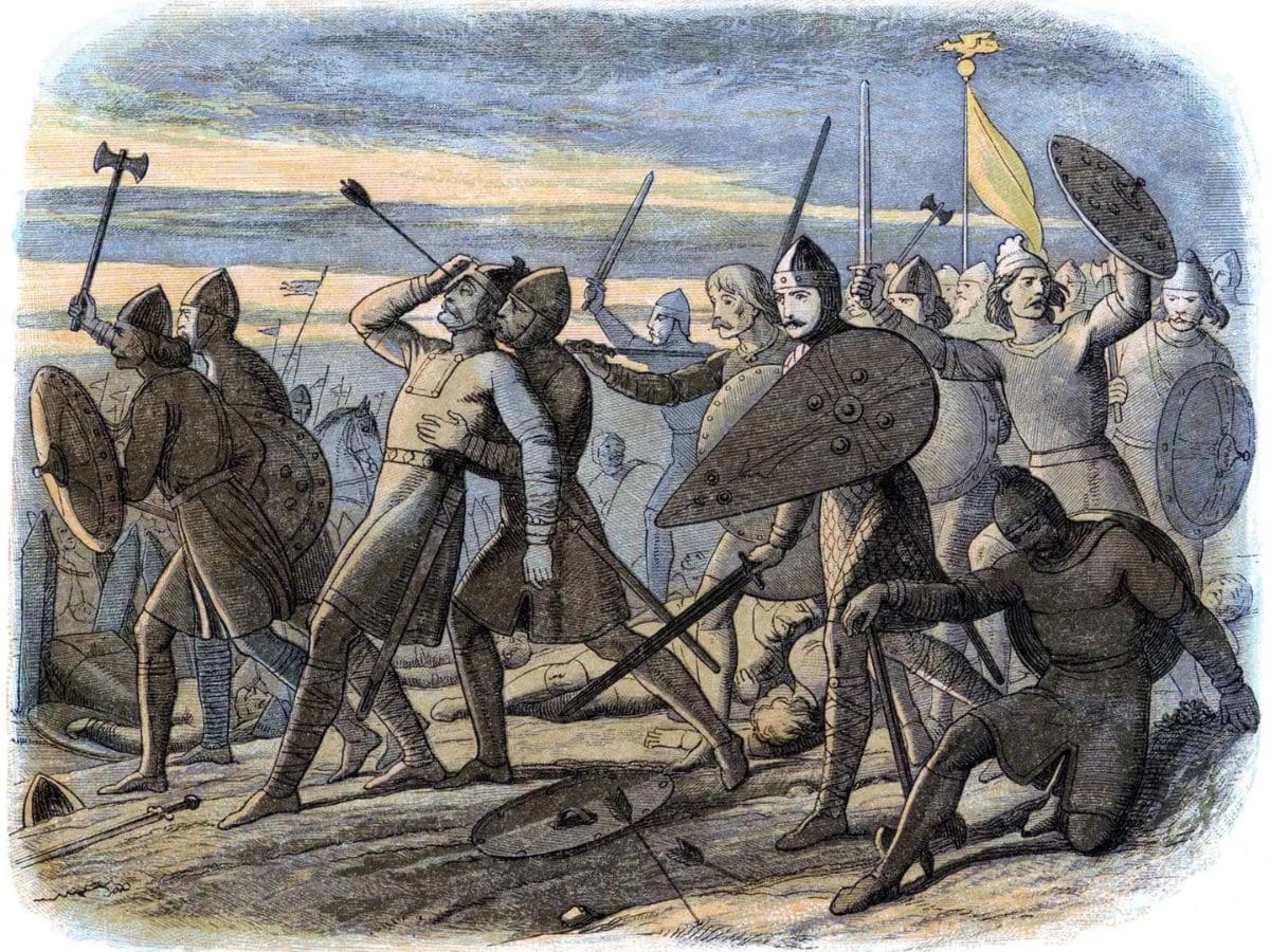 Illustration of the Battle of Hastings showing Norman and Saxon soldiers in intense combat, with one central figure clutching his eye, referencing the legendary death of King Harold by an arrow.