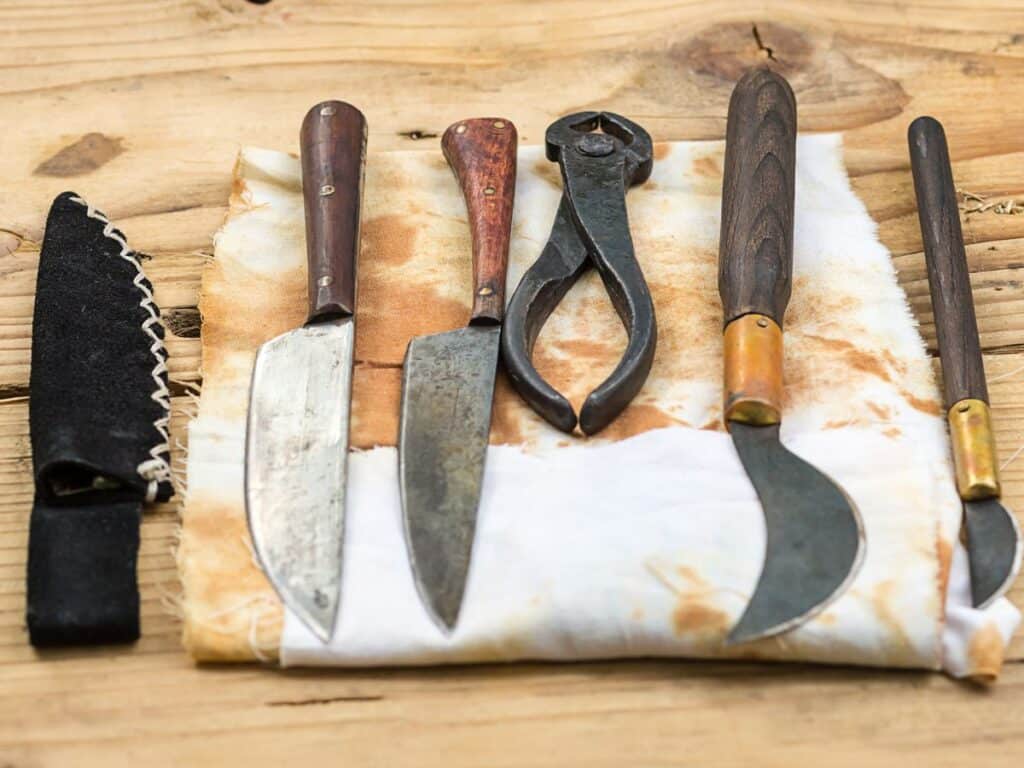 A set of medieval dental and surgical tools with wooden handles, including knives, pliers, and curved blades, laid out on a stained cloth, reflecting the primitive instruments used in dentistry in the Middle Ages.