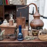 A medieval-style distillation apparatus surrounded by dried herbs, glass flasks, and copper vessels—representing ancient rituals and alchemical practices used in the Middle Ages to ward off evil spirits.