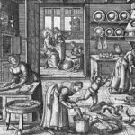 A detailed engraving depicting women and children bustling in a medieval kitchen, cooking fish and preparing food, with two haloed figures conversing in the background—highlighting medieval jobs like cook, servant, and religious teacher.