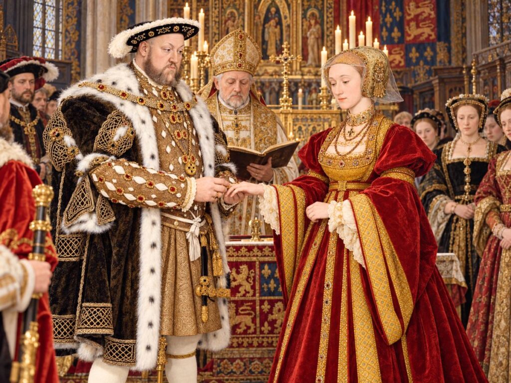 Anne of Cleves and Henry the VIII in a depiction of their wedding