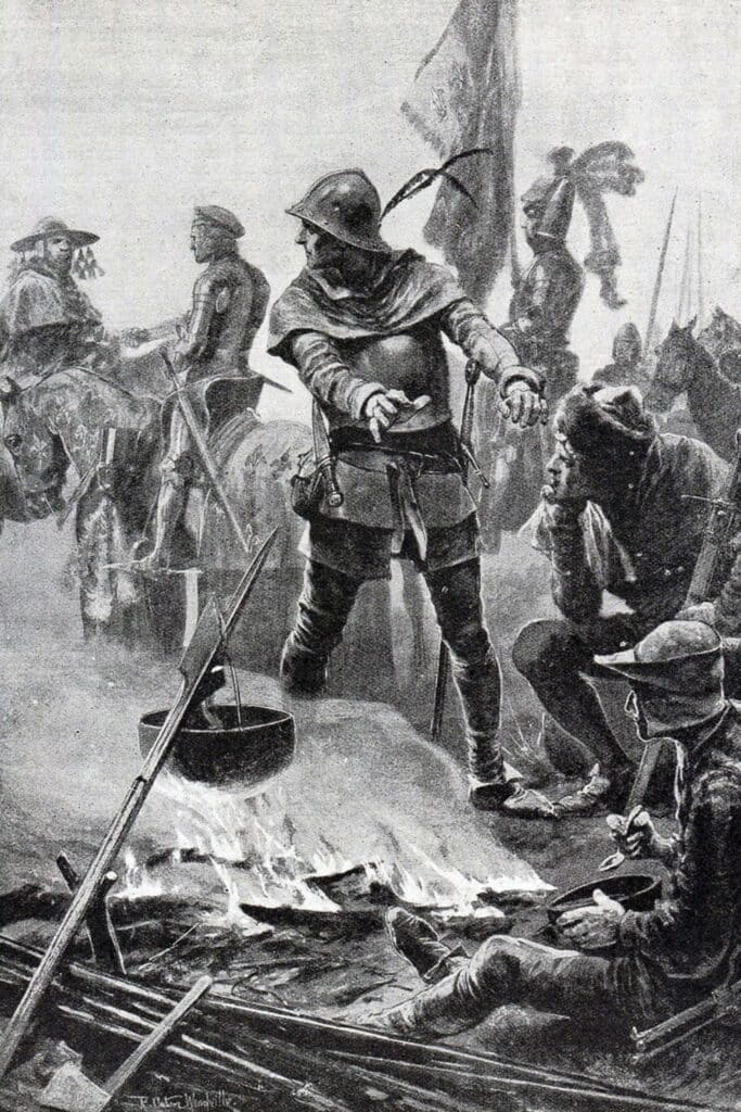 Black and white illustration of Cardinal Talleyrand, advisor and mediator before the Battle of Poitiers, addressing knights and soldiers near a battlefield campfire.