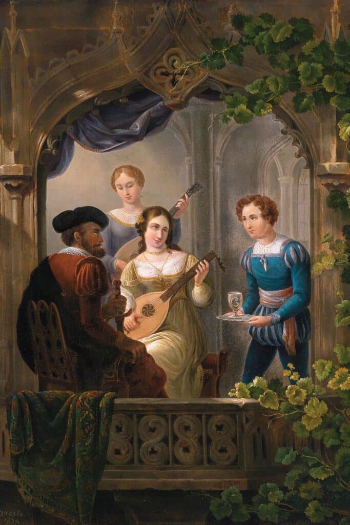 A young man dressed in elegant medieval garb offers a goblet to a seated woman playing a lute, illustrating the medieval job of a cup bearer who served drinks to royalty or nobility.