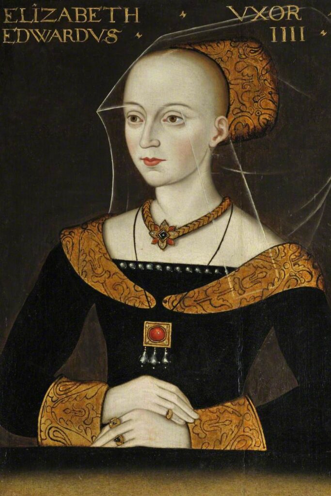 A formal Tudor-era painting of Elizabeth Woodville, queen consort and sister-in-law of George Plantagenet, dressed in black and gold with a sheer veil and elaborate jewelry, including a red and gold pendant.