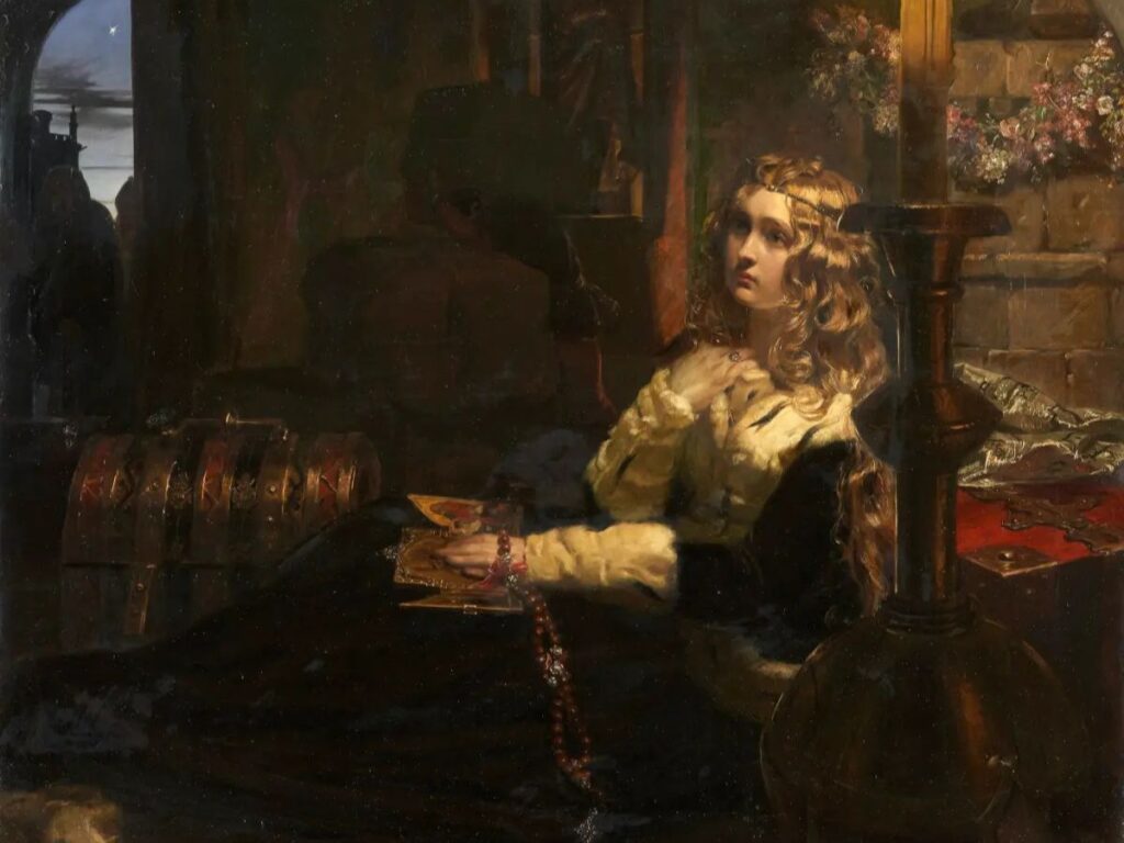 A dramatic painting of Elizabeth Woodville seated in sanctuary at Westminster Abbey, clutching a rosary and book, gazing solemnly out a window during a tense moment in the Wars of the Roses.