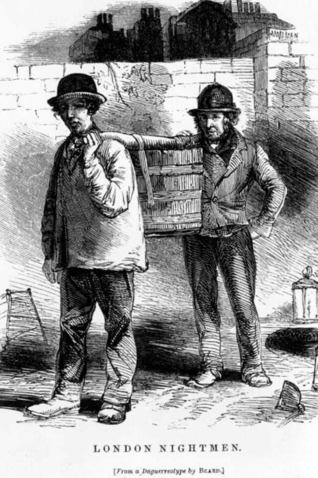 A black-and-white illustration of two men carrying a large waste bucket, identified as London nightmen or gong farmers, who removed human waste from cesspits in medieval cities.