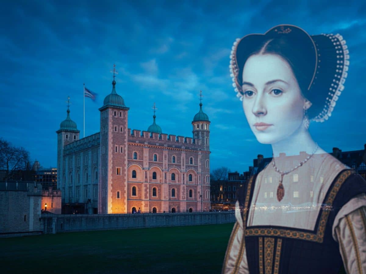 The Tower of London lit at dusk with a translucent image of a Tudor woman superimposed, evoking the haunted past of England’s medieval castles and their royal intrigue.
