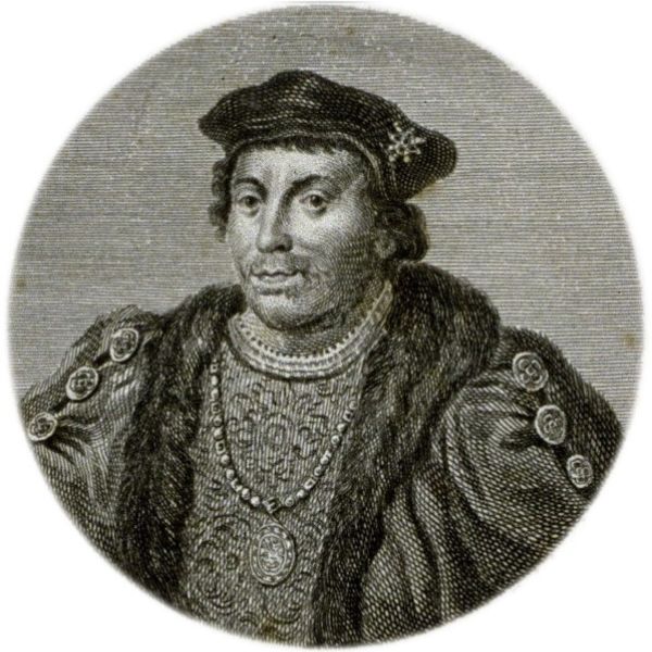 A historical engraving of Henry Stafford, 2nd Duke of Buckingham, wearing a fur-trimmed robe and a flat cap, one of the suspects in the disappearance of the Princes in the Tower.