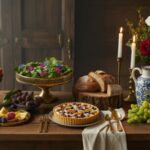 A medieval-inspired feast with fresh fruits, leafy greens topped with edible flowers, rustic bread, and a berry tart—highlighting how people enjoyed natural and fruit-based desserts in the Middle Ages.