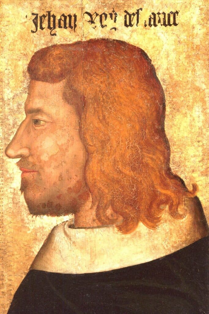 A medieval painting of King John II of France, captured at the Battle of Poitiers, depicted in profile with long red hair and a solemn expression.