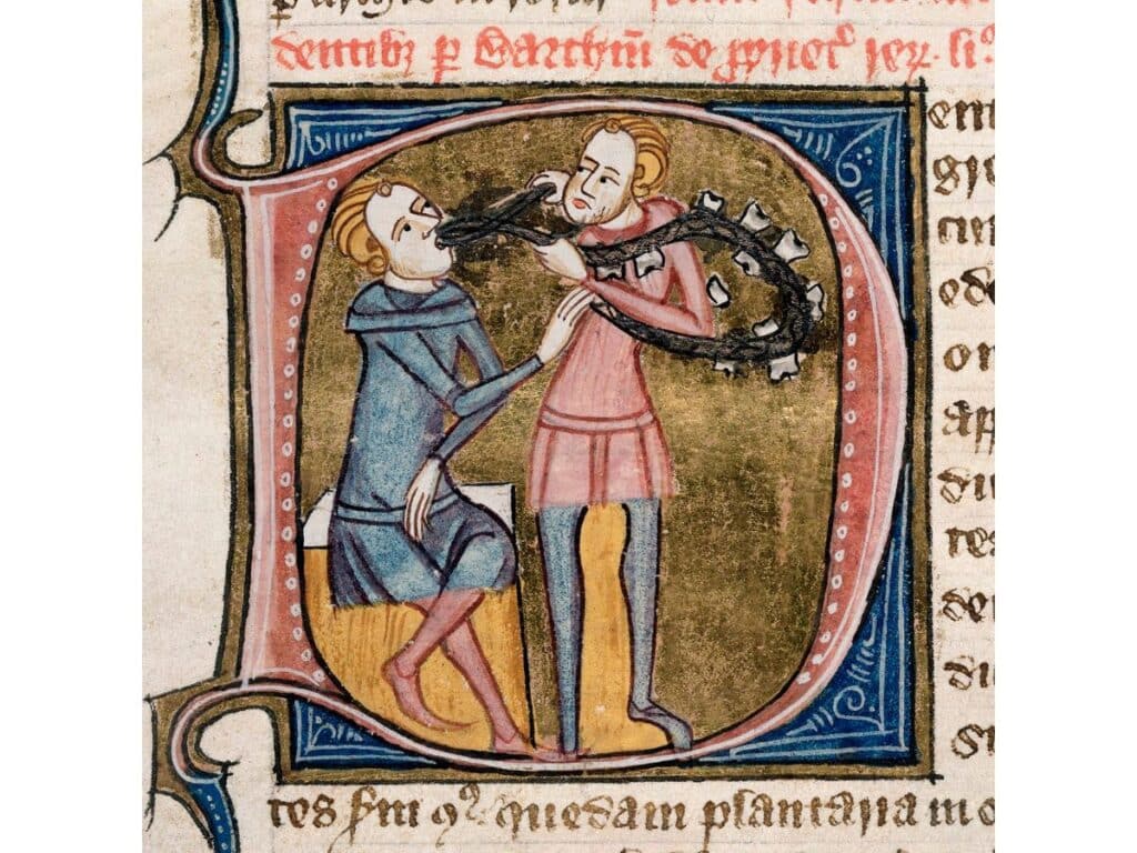 A medieval illustration of one man performing a dental procedure on another using large, claw-like forceps, dramatically depicting the crude dental techniques of Middle Ages dentistry.