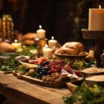 A candle-lit medieval feast spread on a wooden table, featuring cured meats, berries, breads, and spices—symbolizing both the opulence and subsistence aspects of medieval food in Paris.