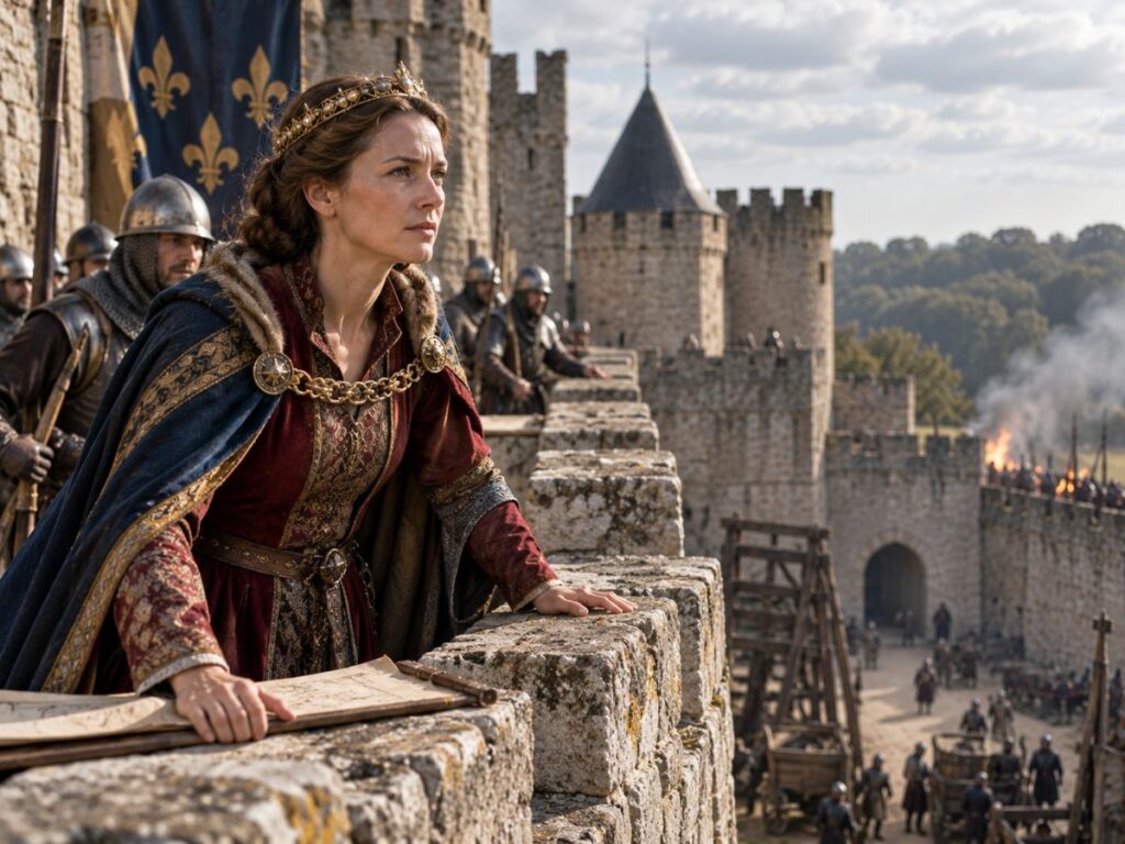 A medieval woman wearing a gold crown and an ornate red gown with a blue and gold cloak stands on a stone castle wall. Armored guards surround her as she looks toward a distant fire and rising smoke. The dramatic scene portrays the leadership and authority of medieval women during times of conflict.