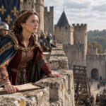 A medieval woman wearing a gold crown and an ornate red gown with a blue and gold cloak stands on a stone castle wall. Armored guards surround her as she looks toward a distant fire and rising smoke. The dramatic scene portrays the leadership and authority of medieval women during times of conflict.
